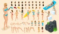 Large isometric Set of gestures of hands and feet 3d girl. Create your character vacationing tourist, a girl in a swimsuit