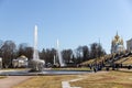 Large Italian fountain and marble bowl in the lower park of Peterhof, Panorama of the parterres in front of the Grand