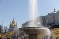 Large Italian fountain and marble bowl in the lower park of Peterhof, Panorama of the parterres in front of the Grand