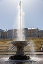 Large Italian fountain and marble bowl in the lower park of Peterhof, Panorama of the parterres in front of the Grand