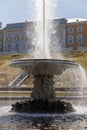 Large Italian fountain and marble bowl in the lower park of Peterhof, Panorama of the parterres in front of the Grand