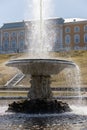 Large Italian fountain and marble bowl in the lower park of Peterhof, Panorama of the parterres in front of the Grand