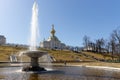 Large Italian fountain and marble bowl in the lower park of Peterhof, Panorama of the parterres in front of the Grand