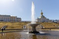 Large Italian fountain and marble bowl in the lower park of Peterhof, Panorama of the parterres in front of the Grand