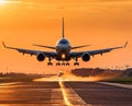 A large jet airliner takes off from an airport runway at sunset or dawn with its landing gear down. Royalty Free Stock Photo