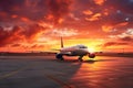 A large jet airliner takes off from an airport runway at sunset or dawn with its landing gear down Royalty Free Stock Photo