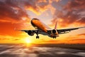 A large jet airliner takes off from an airport runway at sunset or dawn with its landing gear down Royalty Free Stock Photo