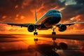 A large jet airliner takes off from an airport runway at sunset or dawn with its landing gear down Royalty Free Stock Photo