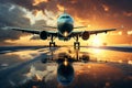 A large jet airliner takes off from an airport runway at sunset or dawn with its landing gear down Royalty Free Stock Photo