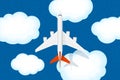 Large jet passenger airplane flies above clouds and sea with ripples. Civil aviation flying plane top view. Flat vector