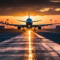 Large Jetliner Flying Over Runway at Sunset