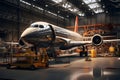 A commercial jetliner parked inside a spacious hangar. AI Generated Royalty Free Stock Photo