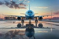 A large jetliner sitting on top of an airport tarmac at sunset