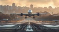 A large jetliner taking off from an airport runway at noon