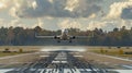 A large jetliner taking off from an airport runway at noon