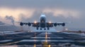 A large jetliner taking off from an airport runway at noon Royalty Free Stock Photo