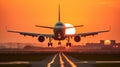 A large jetliner taking off from an airport runway at sunset or dawn Royalty Free Stock Photo