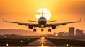 A large jetliner taking off from an airport runway at sunset or dawn Royalty Free Stock Photo