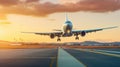 A large jetliner taking off from an airport runway at sunset or dawn Royalty Free Stock Photo