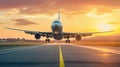 A large jetliner taking off from an airport runway at sunset or dawn Royalty Free Stock Photo