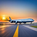 large jetliner taking off from anrport runway at sunset or dawn with the landing