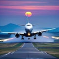 large jetliner taking off from anrport runway at sunset or dawn with the landing