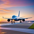 large jetliner taking off from anrport runway at sunset or dawn with the landing