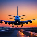 large jetliner taking off from anrport runway at sunset or dawn with the landing