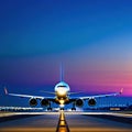 large jetliner taking off from anrport runway at sunset or dawn with the landing