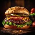 Large, juicy burger sits on wooden cutting board. The burger is topped with lettuce and tomato, as well as cheese