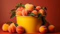 AI Generated. Large juicy peaches with green leaves in a bright yellow bucket.