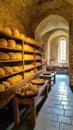 A cheese on wooden shelve in storeroom inside medieval castle