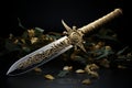 a large knife on top of a gold leafy branch