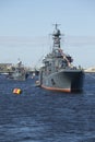 Large landing ship `Korolev` on the Neva river at the festival in honor of Victory day. Saint Petersburg