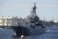Large landing ship the Korolev at the parade in honor of Victory day closeup. Saint Petersburg