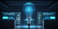 large language model artificial intelligence optimization scientist observing floating AI hologram of brain in lab Royalty Free Stock Photo
