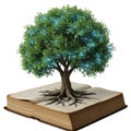 A large, leafy tree emerges from the pages of an open, aged book, symbolizing growth Royalty Free Stock Photo