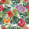 Large leaves of tropical plants with hibiscus flowers. Decorative composition on a white background. Bright picture. Floral motifs