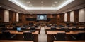 A large lecture hall with a screen displaying a presentat one created with generative AI