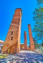 Large Leonardo da Vinci square boasts great medieval three towers, Pavia, Italy Royalty Free Stock Photo