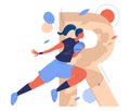 Large letter R and woman with ball running while rugby game. Female healthy character in active jumping pose. Concept sport