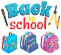 Lettering Back to school , children s school colorful backpacks. Stationery. Educational topics