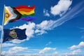 large LGBTQ Progress Pride with intersex inclusion flag and flag of Kansas state, USA. Freedom and love, activism, community