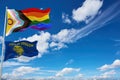 large LGBTQ Progress Pride with intersex inclusion flag and flag of Oregon state, USA. Freedom and love, activism, community