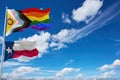 large LGBTQ Progress Pride with intersex inclusion flag and flag of Texas state, USA. Freedom and love, activism, community