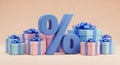 Percentage Symbol and Gift Boxes in Pastel Colors with Blue Ribbons present Royalty Free Stock Photo