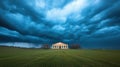 A large, light-colored building with a classical design stands in a vast, open field, surrounded by trees and a dramatic sky. Royalty Free Stock Photo