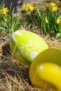 Large light yellow-green decorative Easter egg lying on straw Royalty Free Stock Photo