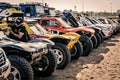 Large line up of rally raid cars and buggies on the beach of Agadir. Morocco Desert Challenge 2023.