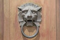 Large Lion Head Door Knocker on Wood Door Background